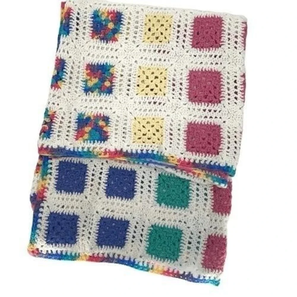 Handmade Crochet Granny Square Blanket White Pink‎ Blue Boho Cottagecore Throw